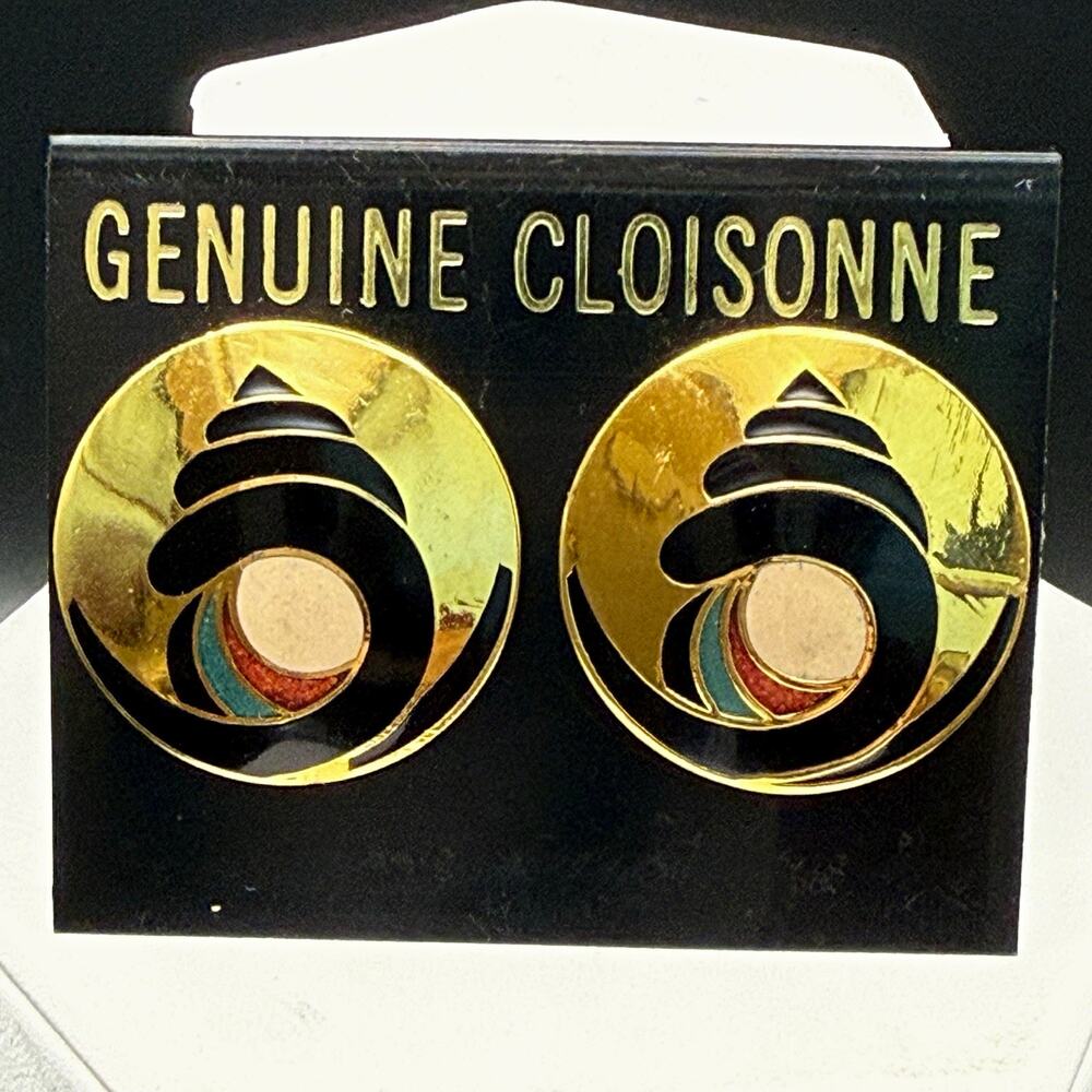 Vintage Cloisonne Enamel Pierced Earrings Abstract Nautilus Shell GoldTone Round